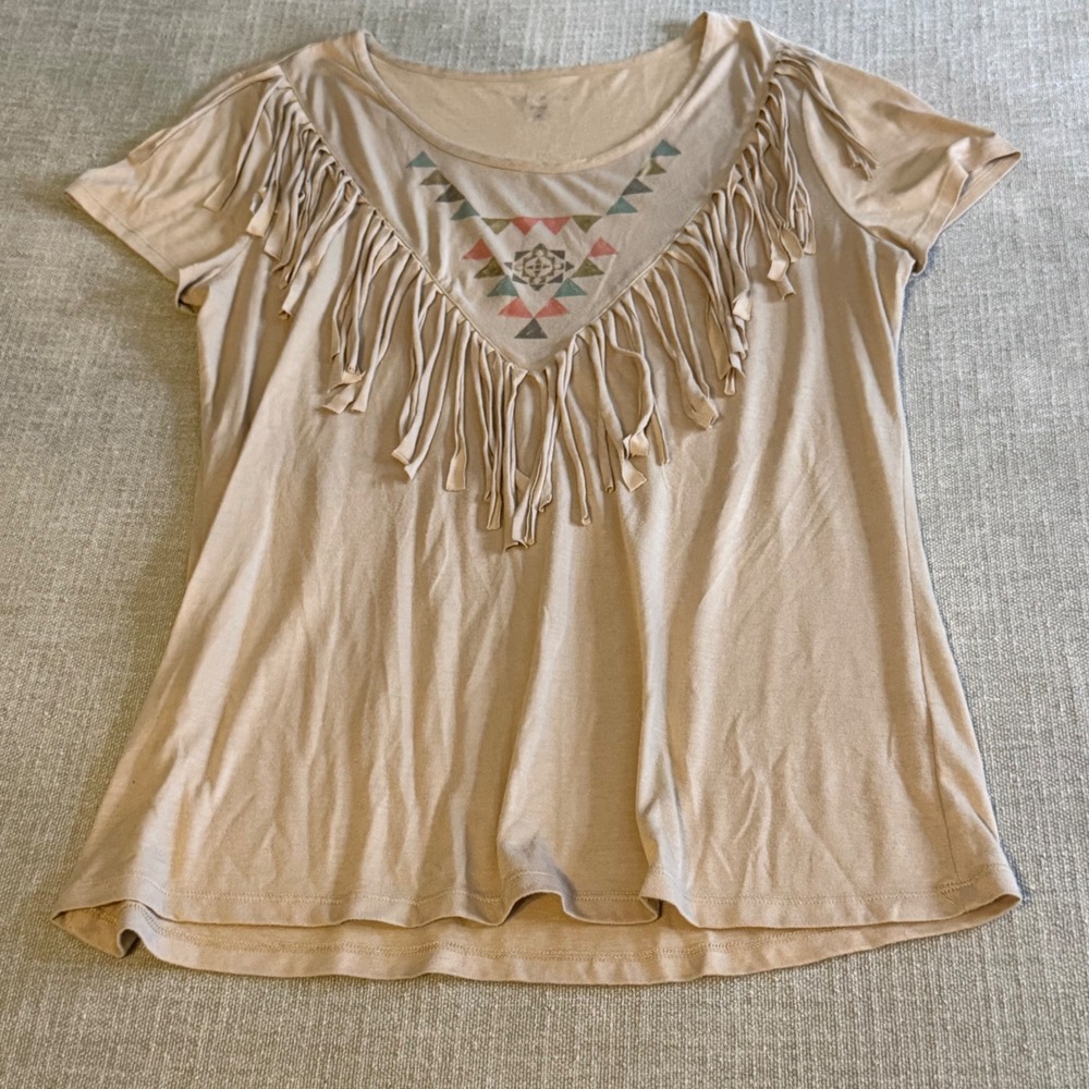 Wrangler Western Fringe Graphic T-Shirt XL Tan Aztec Boho Southwest Short Sleeve